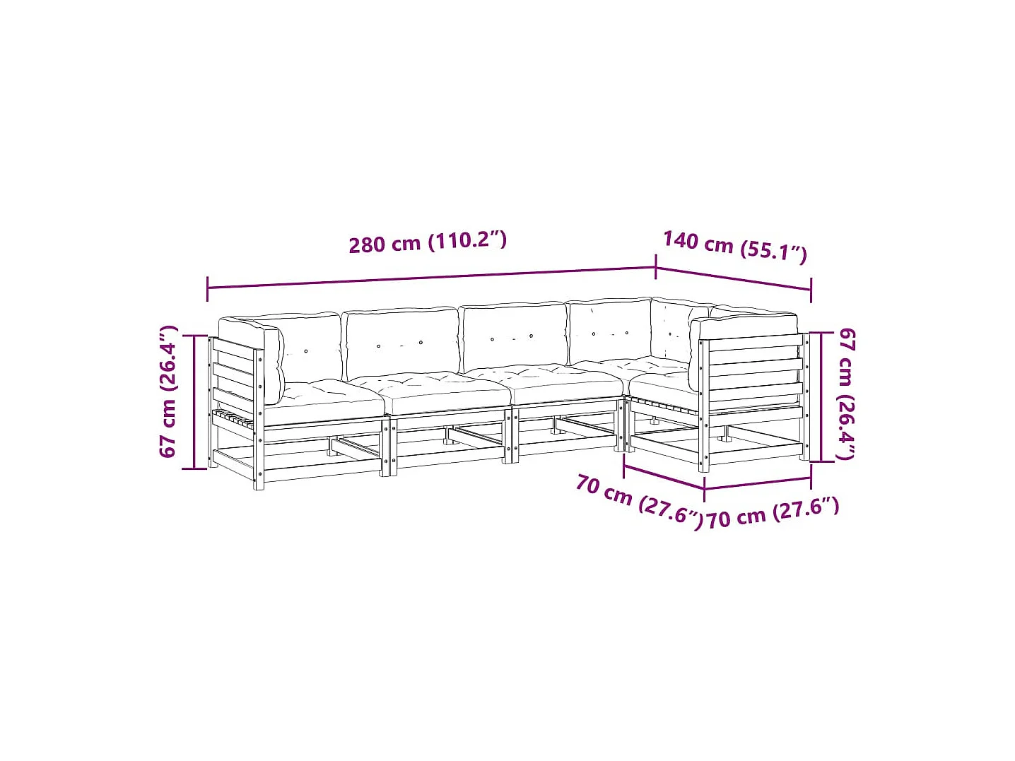 Salon de jardin 5 pcs avec coussins cire marron bois pin massif