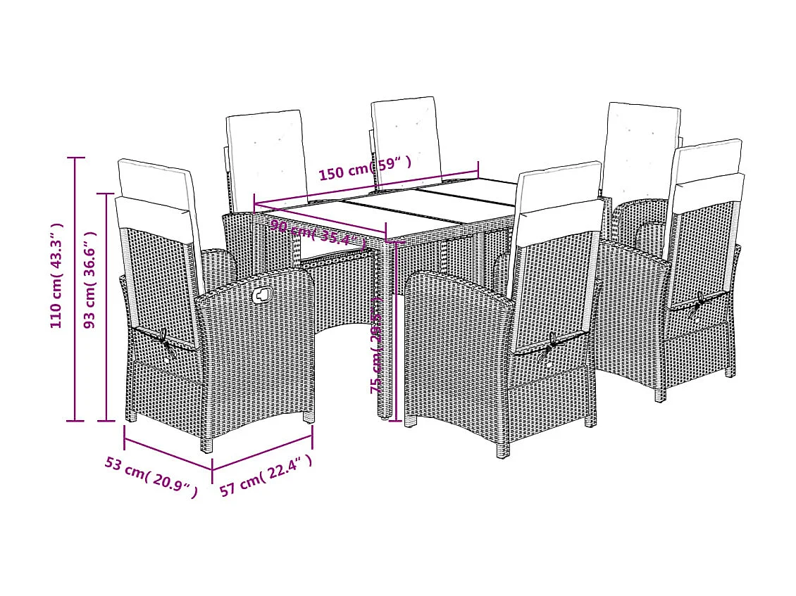 7 pcs conjunto de jantar p/ jardim c/ almofadões vime PE cinza