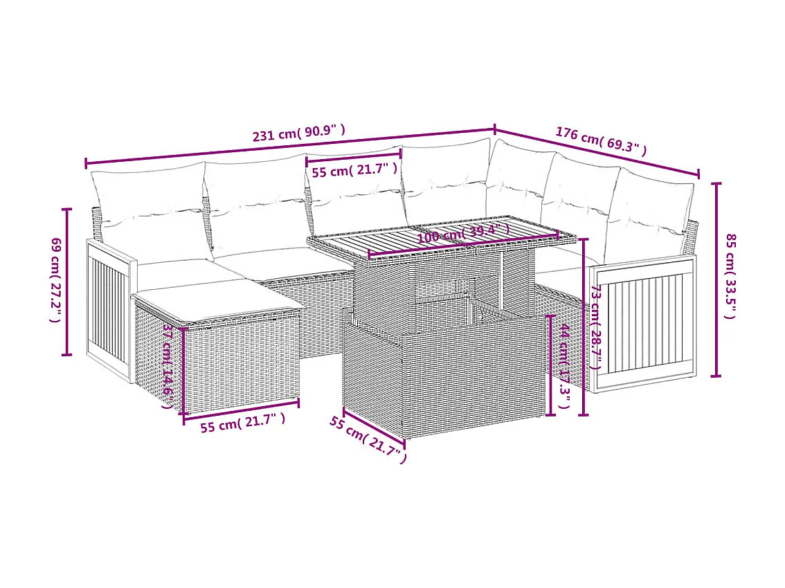 Salon de jardin avec coussins 8 pcs beige résine tressée