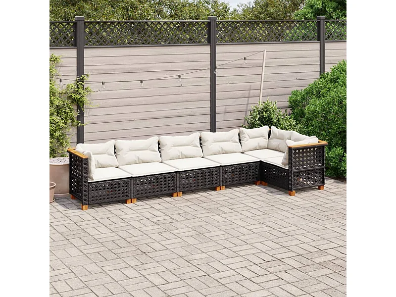 6-delige Loungeset met kussens poly rattan zwart