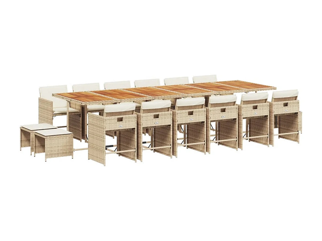 17 pcs conjunto de jantar p/ jardim c/ almofadões vime PE bege