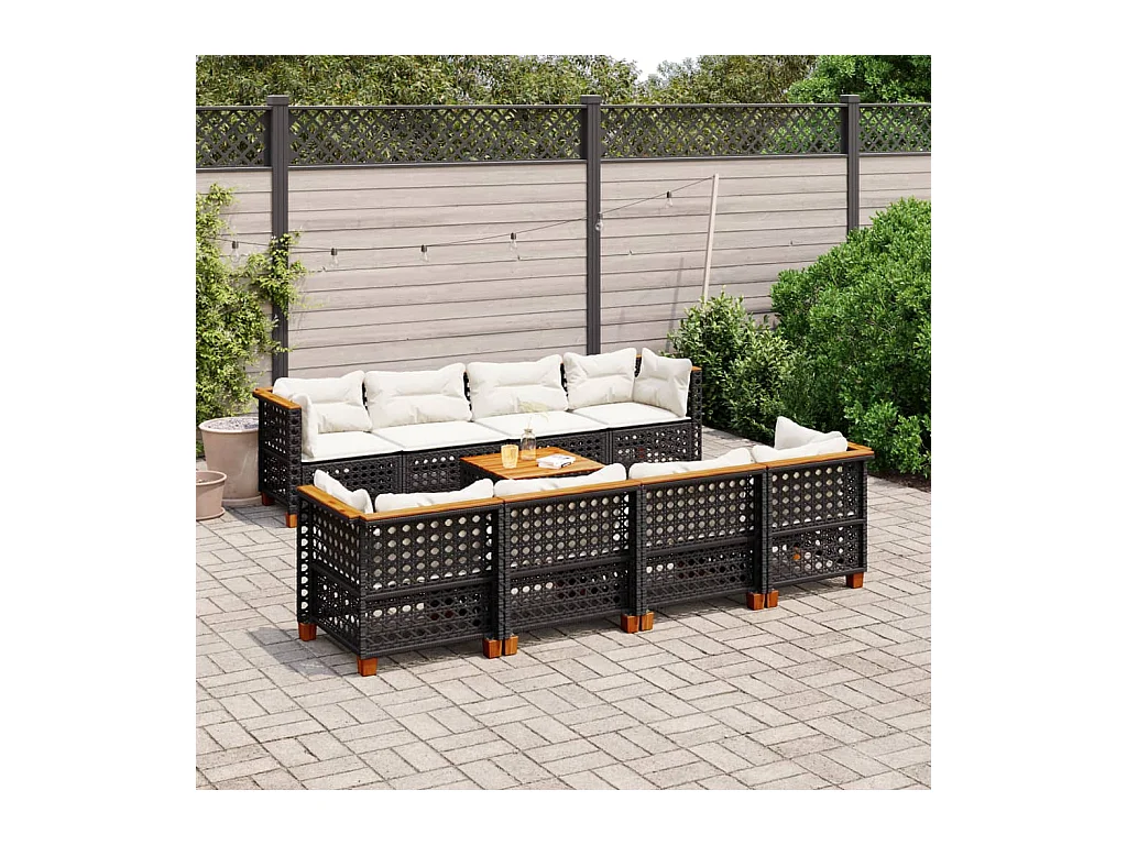 Set de sofás de jardín 8 piezas y cojines ratán sintético negro
