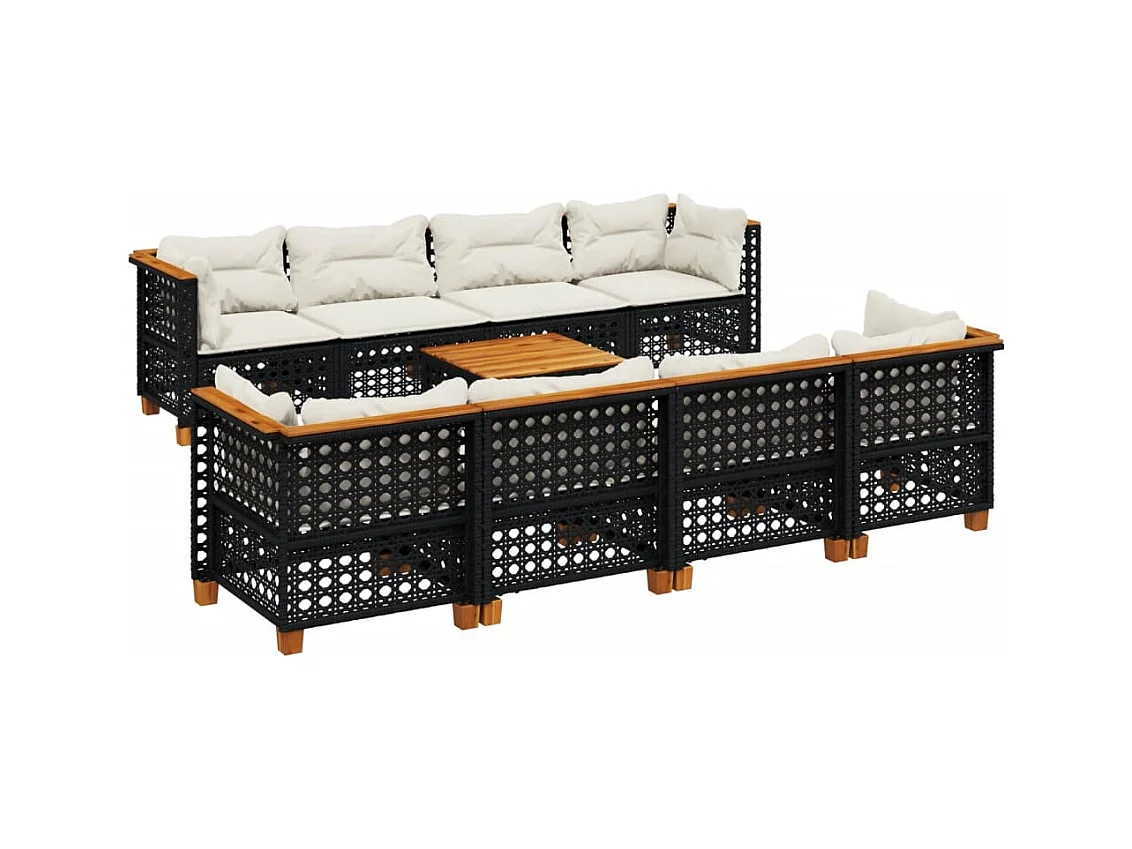 Salon de jardin 9 pcs avec coussins noir résine tressée