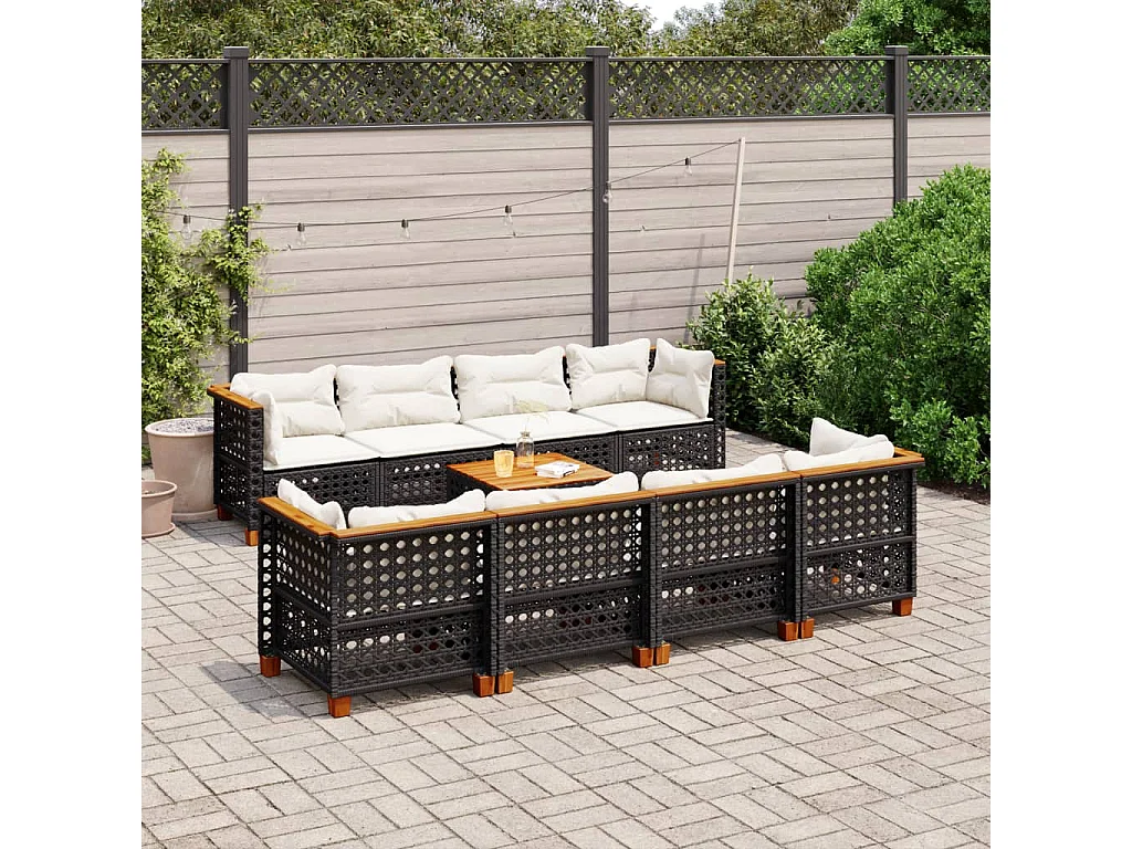 Salon de jardin 9 pcs avec coussins noir résine tressée