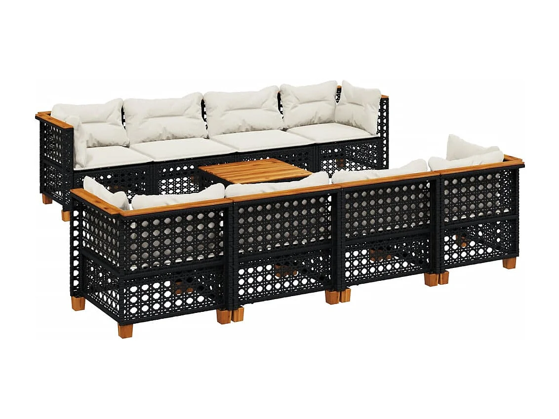 Salon de jardin 9 pcs avec coussins noir résine tressée