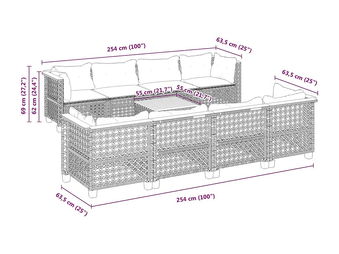 Salon de jardin 9 pcs avec coussins noir résine tressée