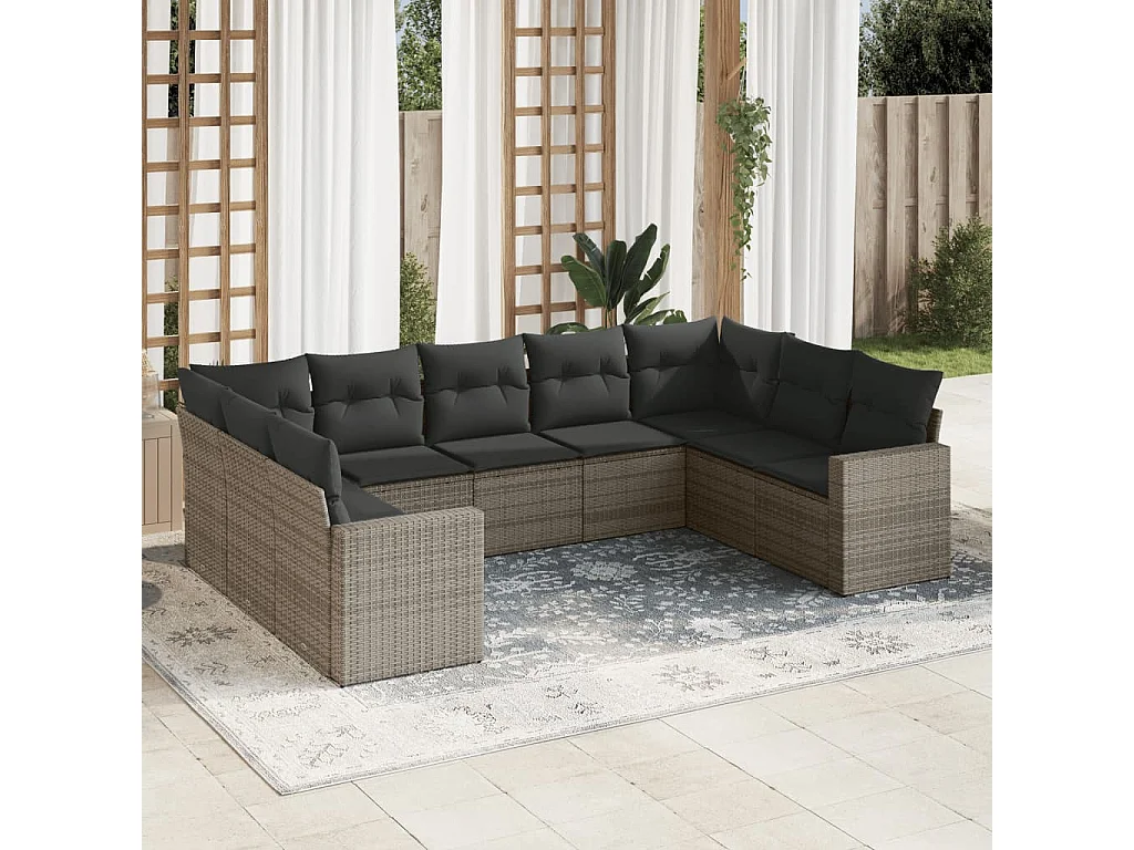 Salon de jardin 9 pcs avec coussins gris résine tressée