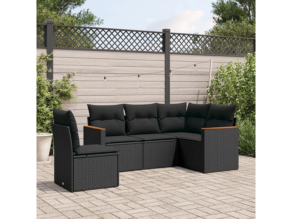 5-tlg. Garten-Sofagarnitur mit Kissen Schwarz Poly Rattan