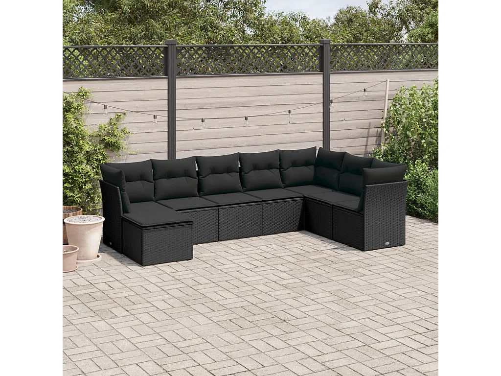 Set Divani da Giardino con Cuscini 8 pz Nero in Polyrattan