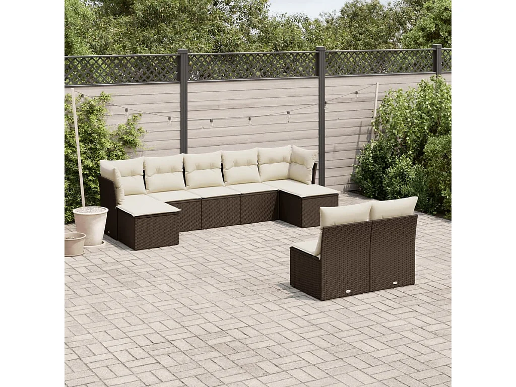 Set Divani da Giardino 9pz con Cuscini Marrone in Polyrattan