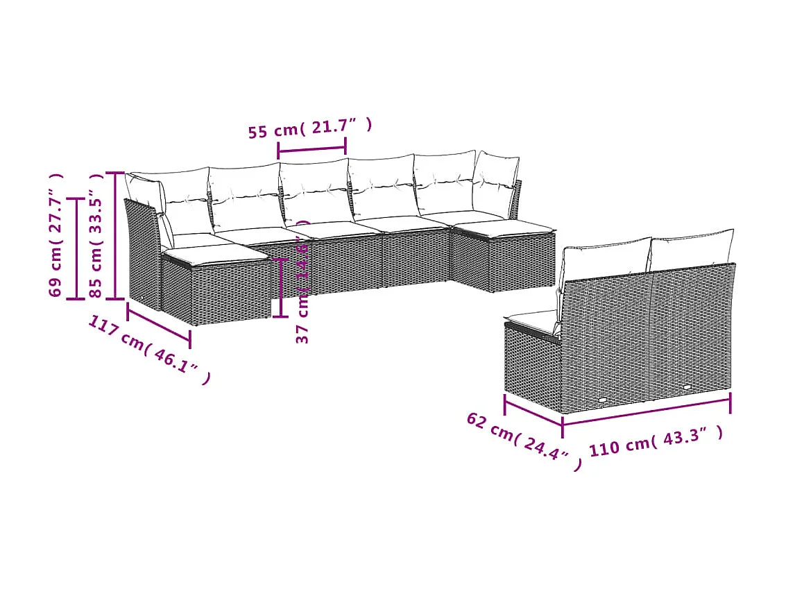 Set Divani da Giardino 9pz con Cuscini Marrone in Polyrattan