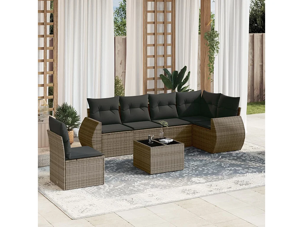 7-tlg. Garten-Sofagarnitur mit Kissen Grau Poly Rattan