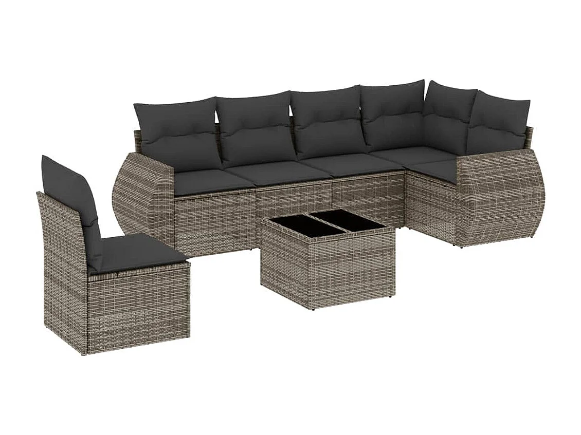 7-tlg. Garten-Sofagarnitur mit Kissen Grau Poly Rattan
