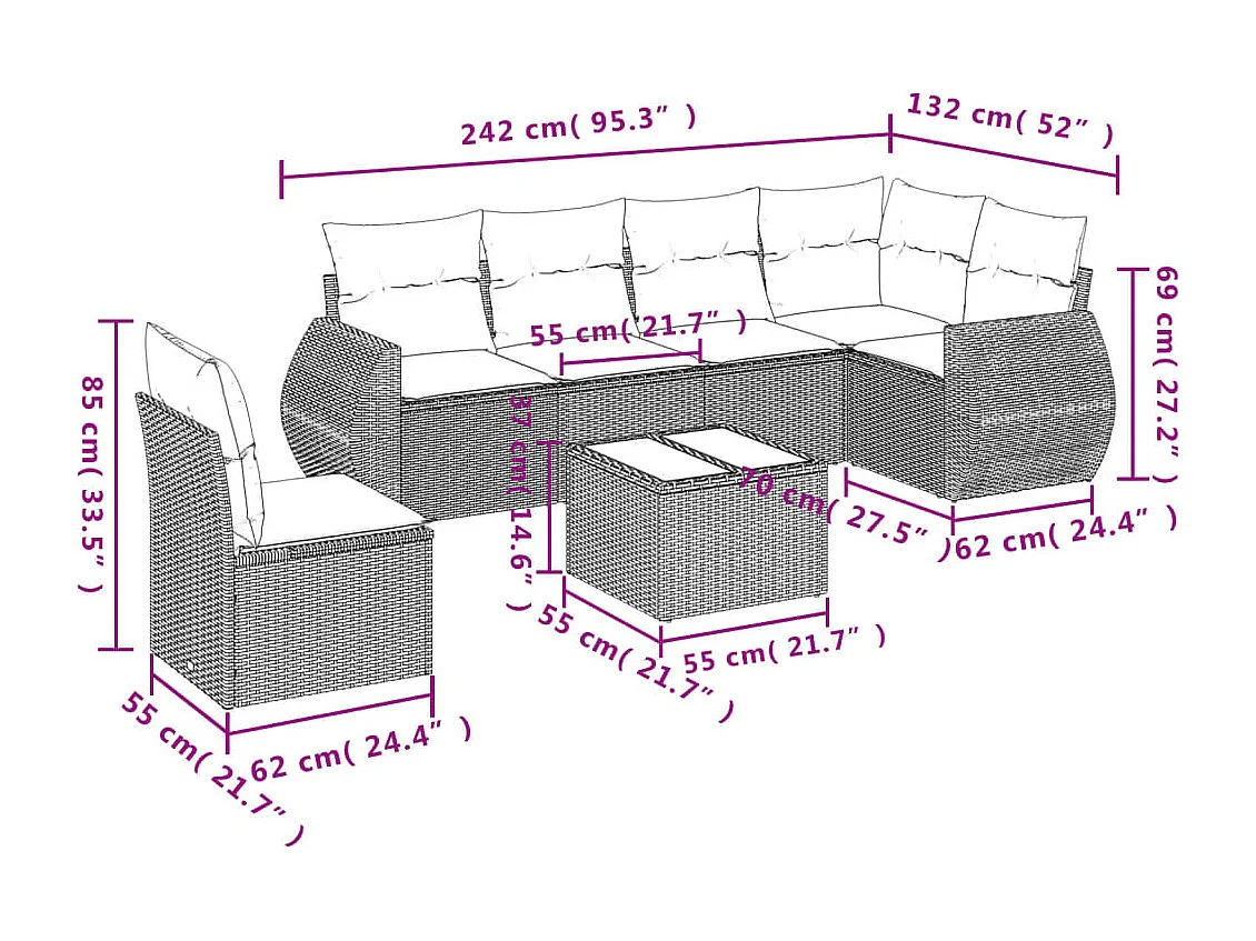 7-tlg. Garten-Sofagarnitur mit Kissen Grau Poly Rattan