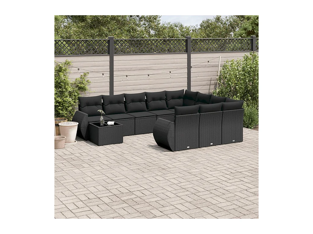 11-delige Loungeset met kussens poly rattan zwart
