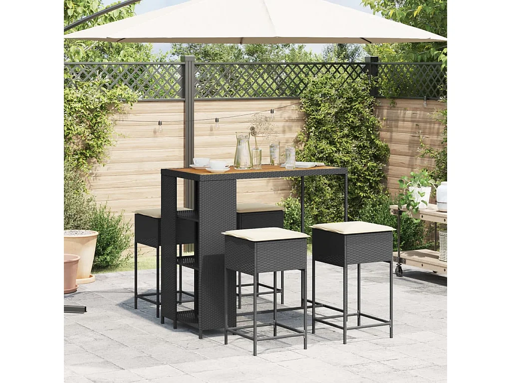 Ensemble de bar de jardin 5 pcs avec coussins noir poly rotin