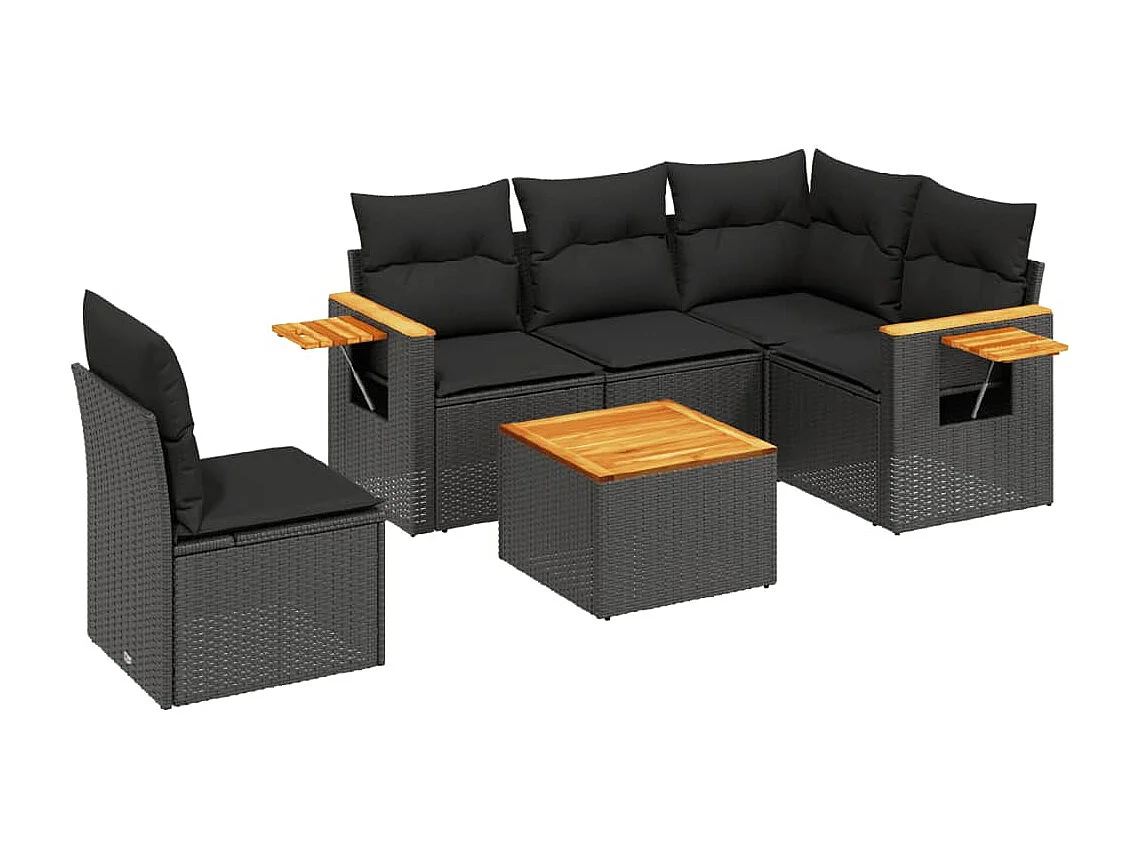 6-tlg. Garten-Sofagarnitur mit Kissen Schwarz Poly Rattan