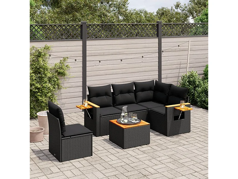 6-tlg. Garten-Sofagarnitur mit Kissen Schwarz Poly Rattan