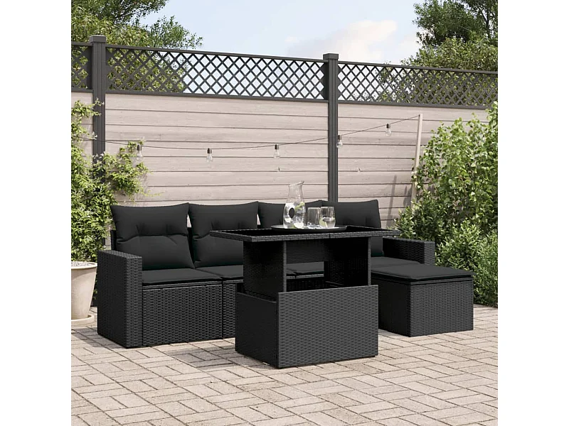 6-tlg. Garten-Sofagarnitur mit Kissen Schwarz Poly Rattan