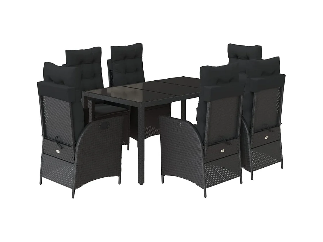 7-tlg. Garten-Essgruppe mit Kissen Schwarz Poly Rattan