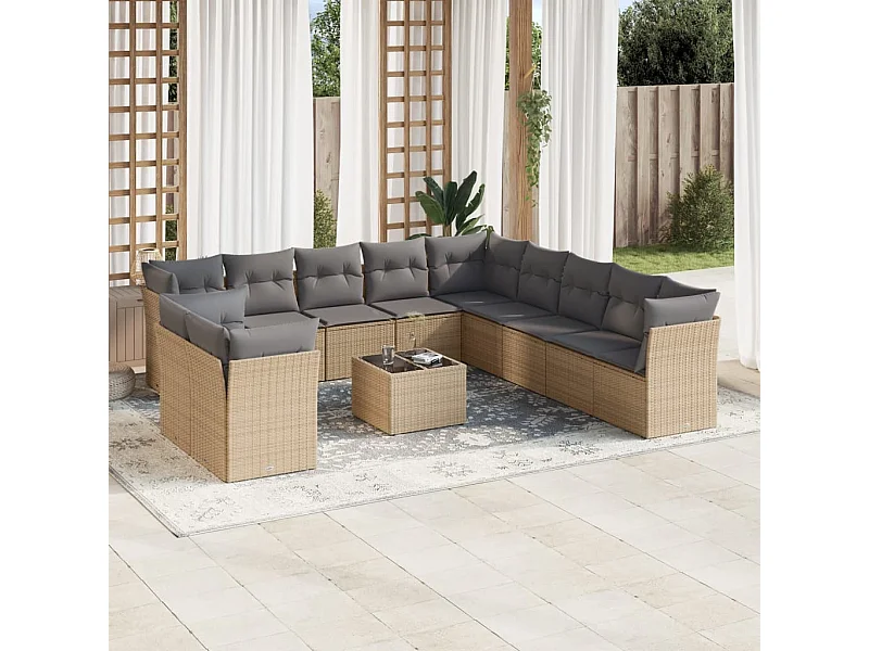 Salon de jardin avec coussins 12 pcs beige résine tressée