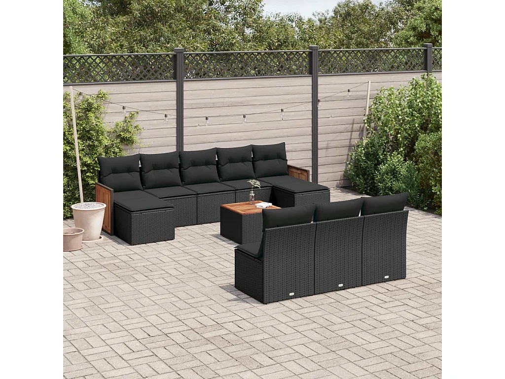 11-tlg. Garten-Sofagarnitur mit Kissen Schwarz Poly Rattan