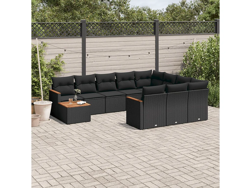 11-tlg. Garten-Sofagarnitur mit Kissen Schwarz Poly Rattan