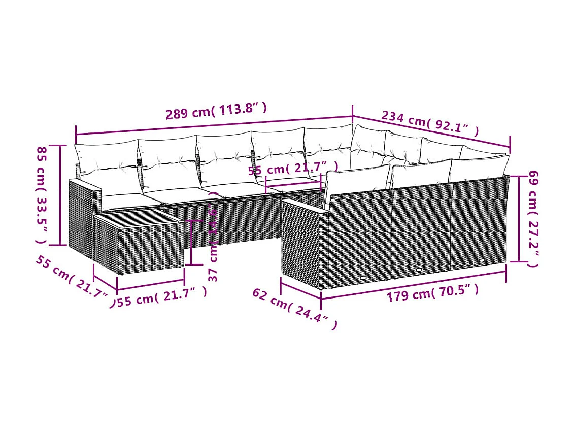11-tlg. Garten-Sofagarnitur mit Kissen Schwarz Poly Rattan