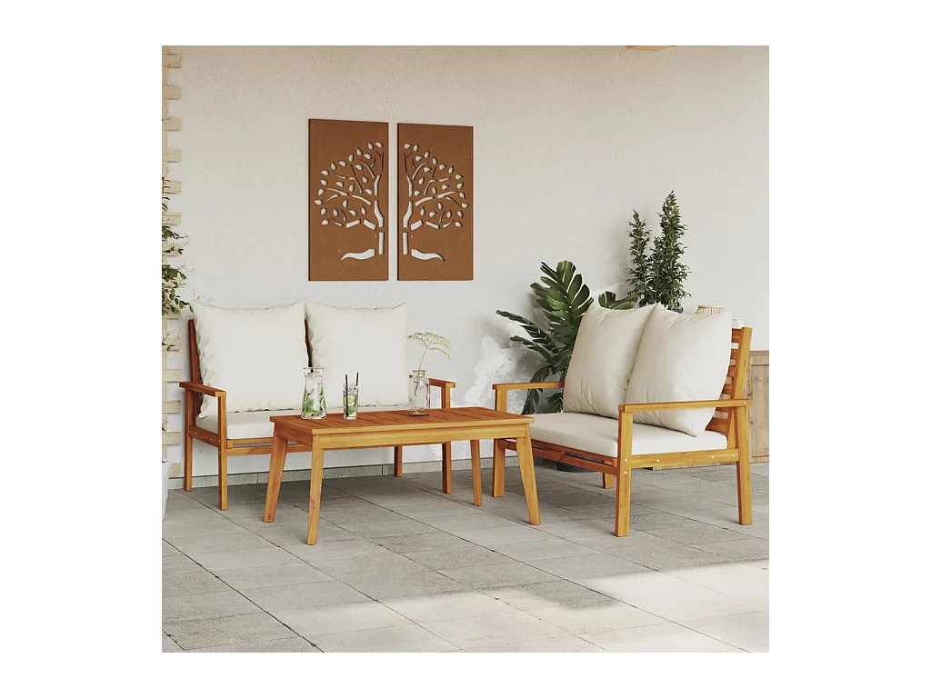 Set Mobili da Giardino 3pz con Cuscini Legno Massello di Acacia