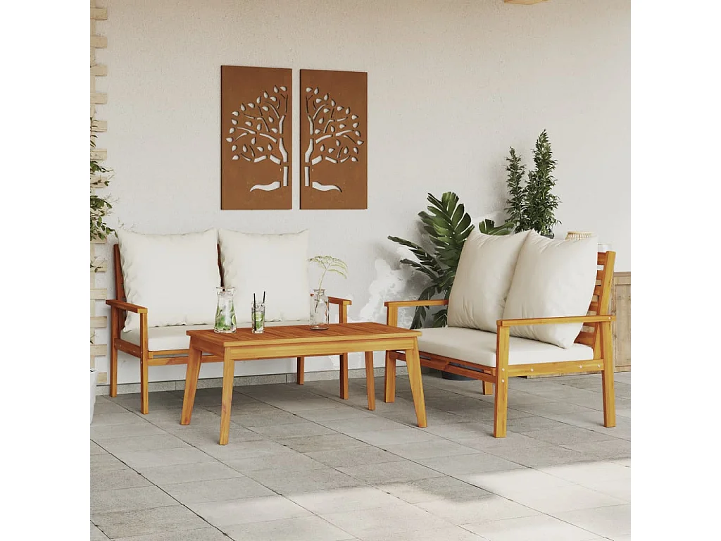 Salon de jardin 3 pcs avec coussins bois massif d'acacia