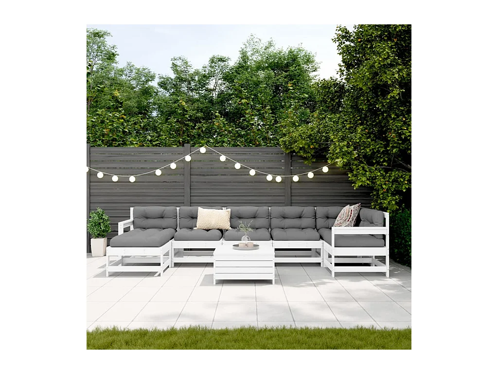 Salon de jardin 8 pcs blanc bois de pin massif