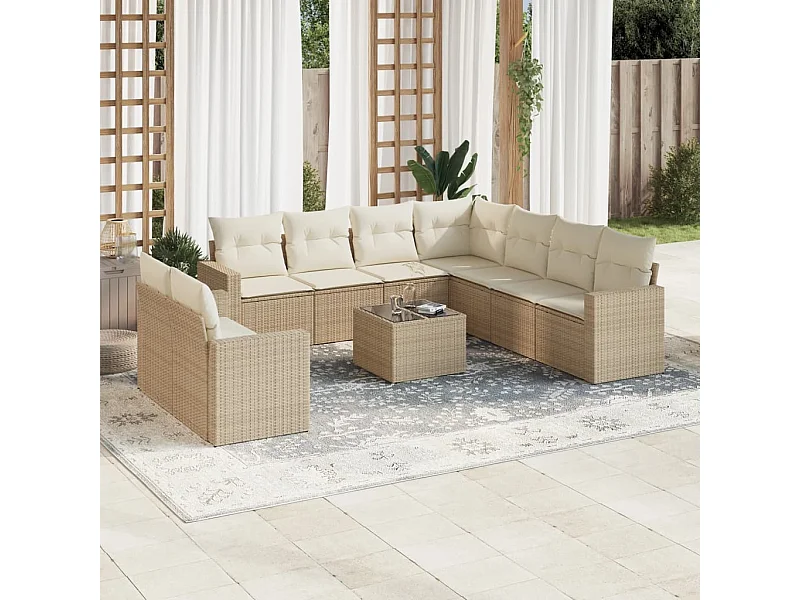 Salon de jardin avec coussins 10 pcs beige résine tressée
