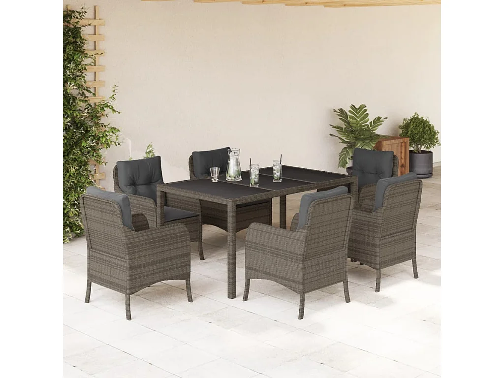 Ensemble à manger de jardin et coussins 7 pcs gris rotin