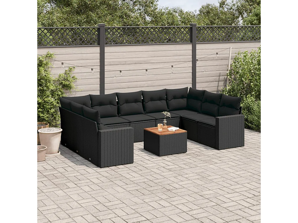 10-tlg. Garten-Sofagarnitur mit Kissen Schwarz Poly Rattan