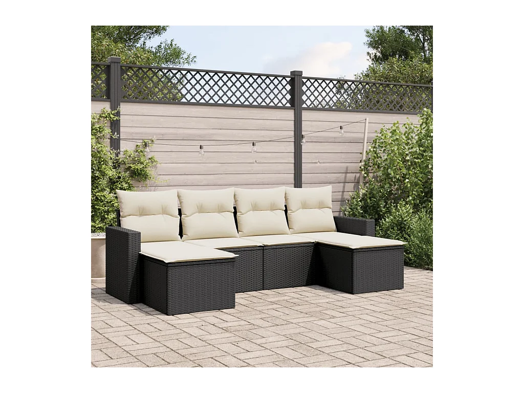Salon de jardin 6 pcs avec coussins noir résine tressée
