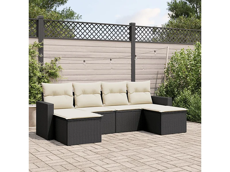 Set de sofás de jardín 6 piezas y cojines ratán sintético negro