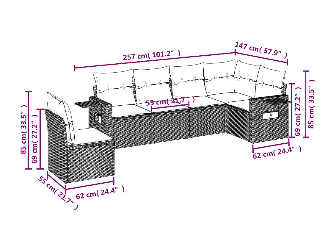 Salon de jardin avec coussins 6 pcs marron résine tressée
