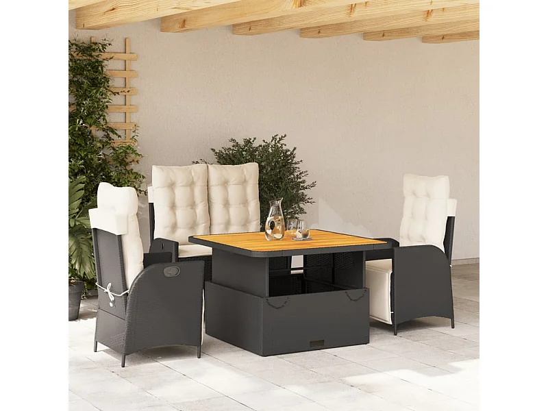 Set da Pranzo da Giardino 4 pz con Cuscini Nero in Polyrattan