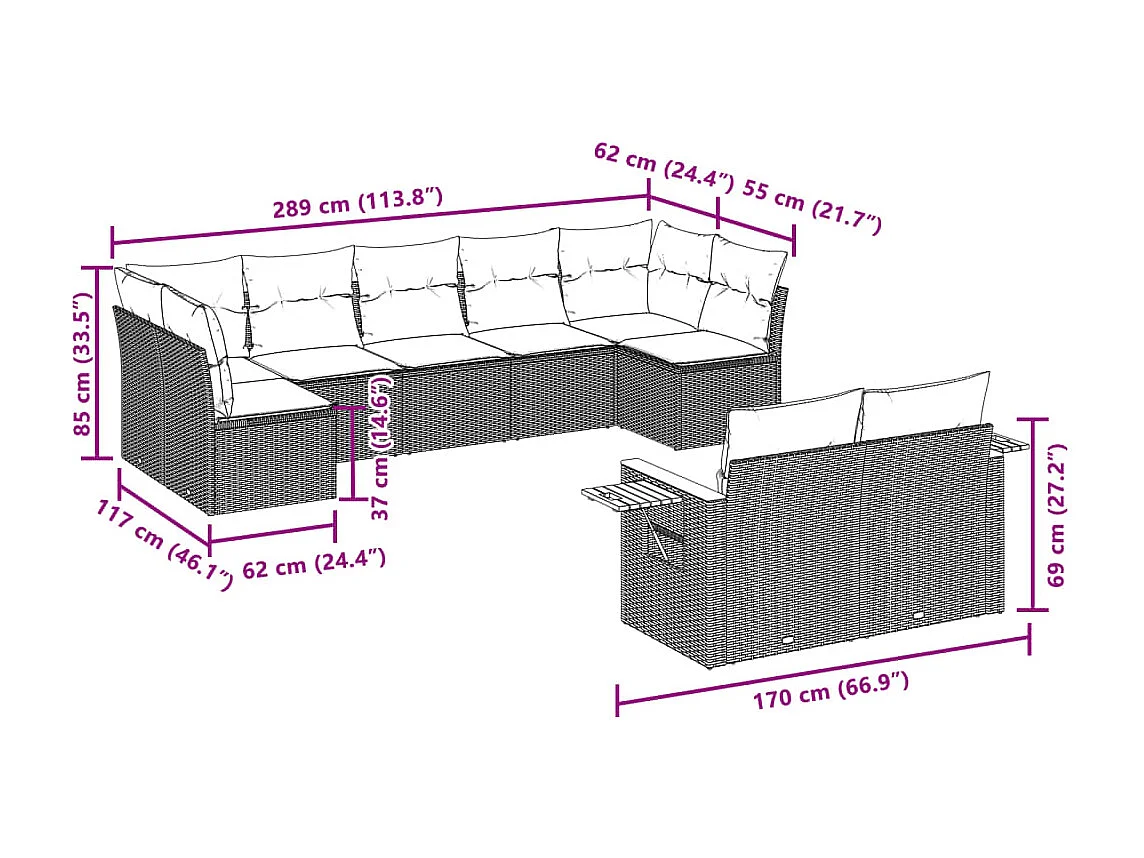 9-tlg. Garten-Sofagarnitur mit Kissen Schwarz Poly Rattan