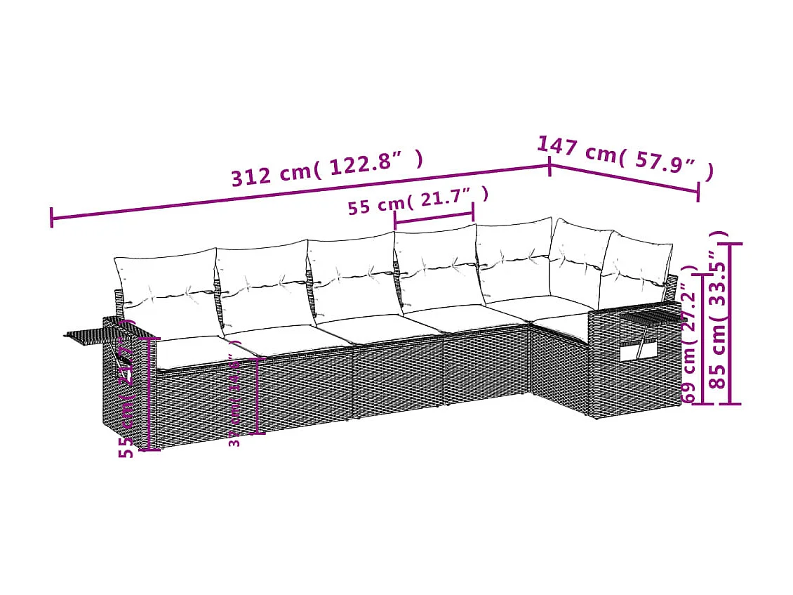 6-delige Loungeset met kussens poly rattan bruin