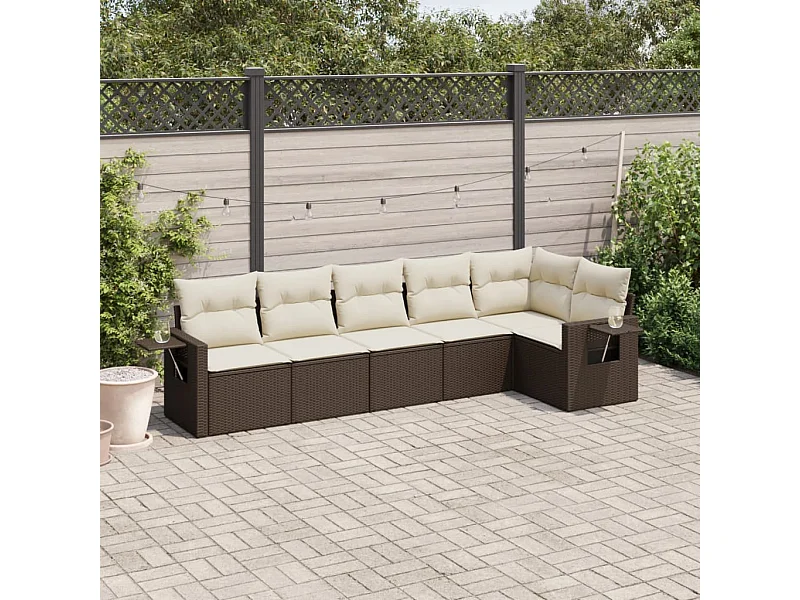Set Divano da Giardino 6 pz con Cuscini Marrone in Polyrattan