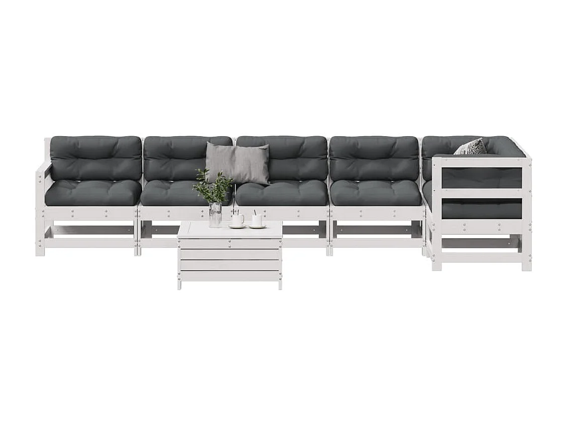 Salon de jardin 7 pcs avec coussins blanc bois de pin massif