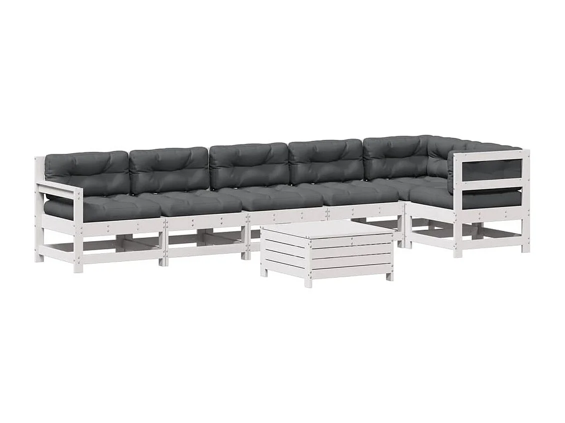 Salon de jardin 7 pcs avec coussins blanc bois de pin massif