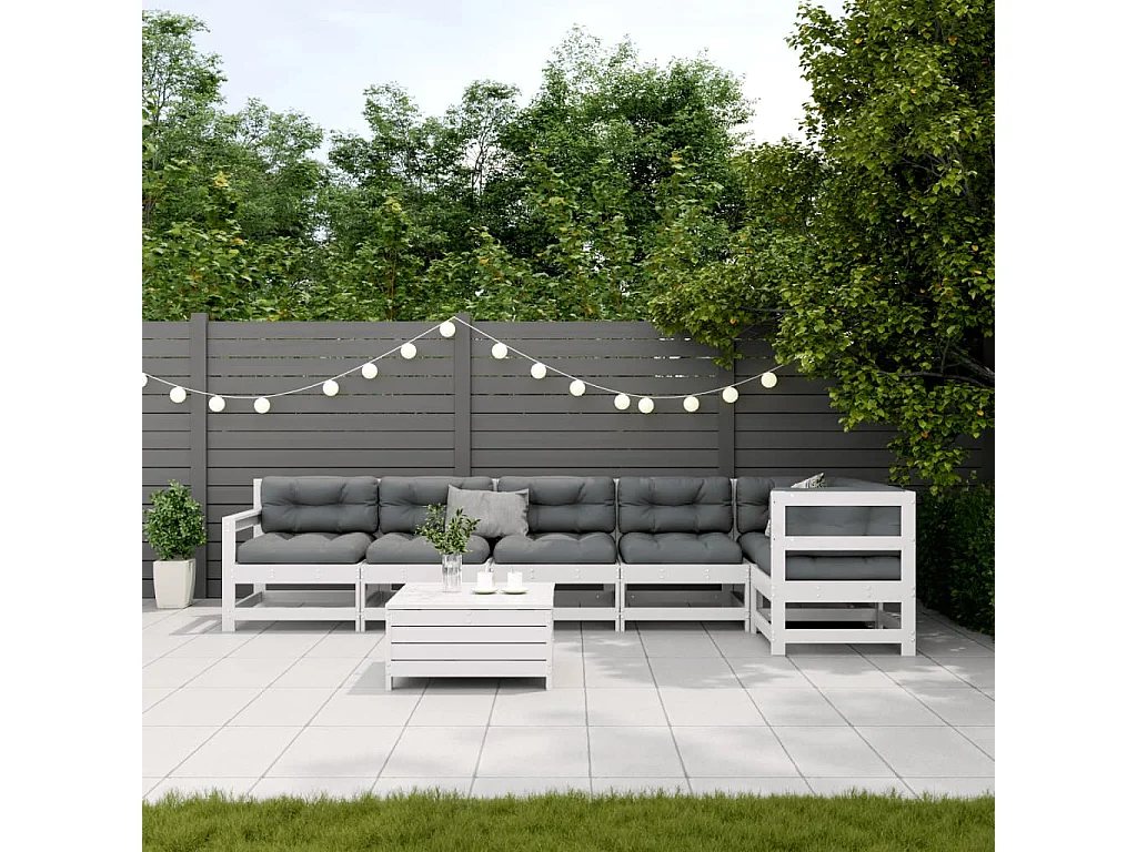 Salon de jardin 7 pcs avec coussins blanc bois de pin massif