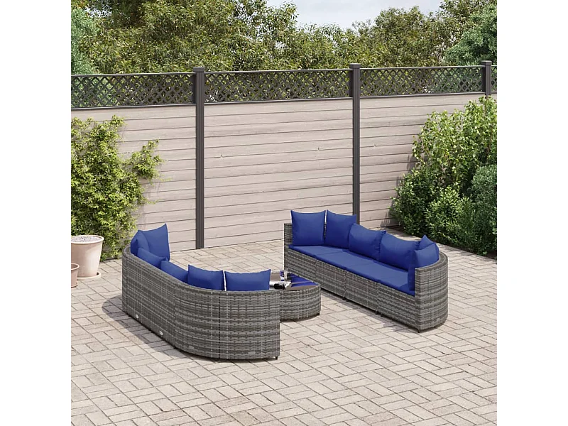 Set Divano da Giardino 9 pz con Cuscini Grigio in Polyrattan