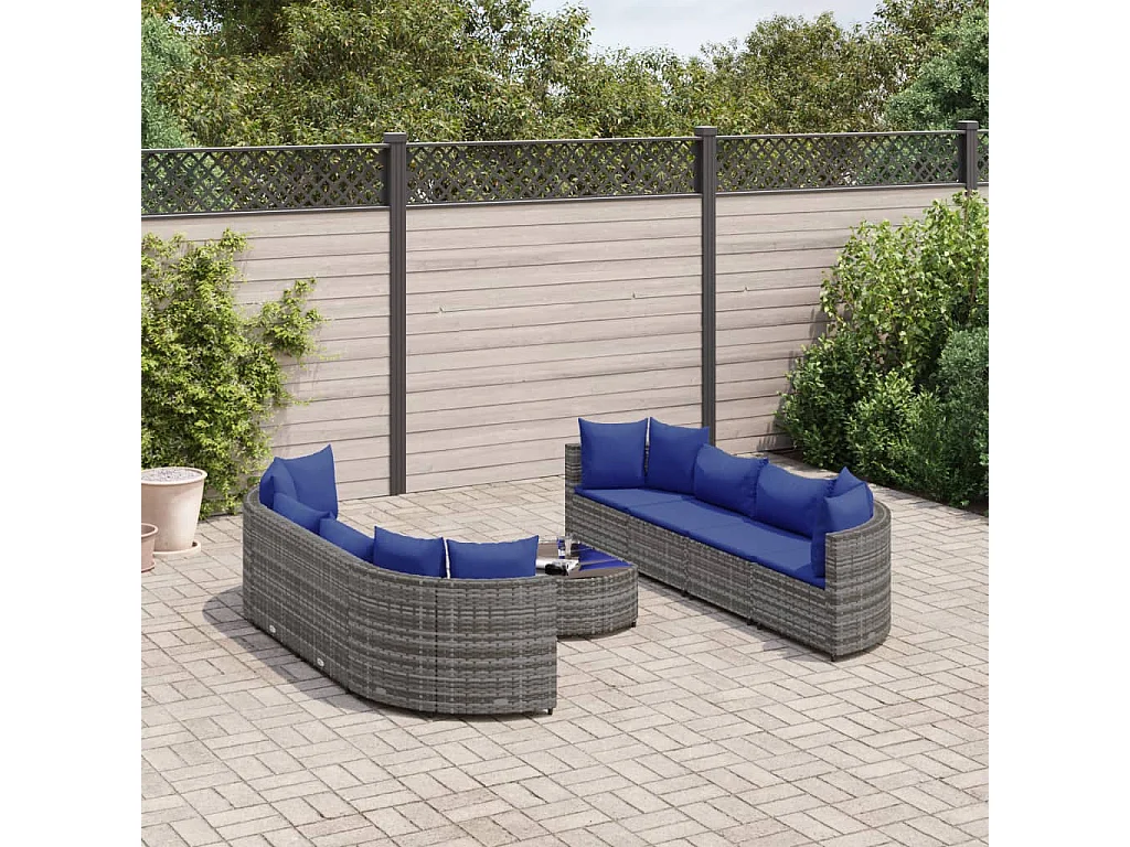 9-tlg. Garten-Sofagarnitur mit Kissen Grau Poly Rattan