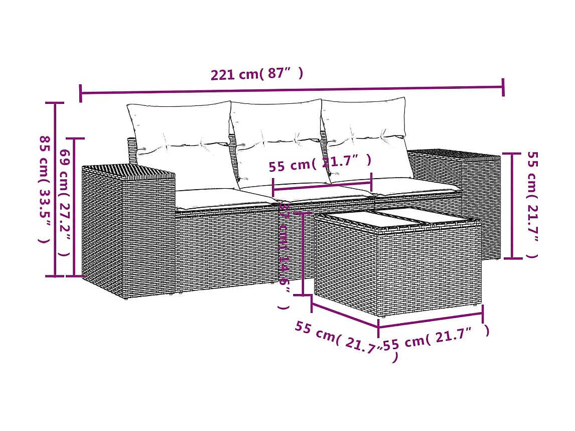 4 pcs conjunto de sofás para jardim c/ almofadões vime PE preto