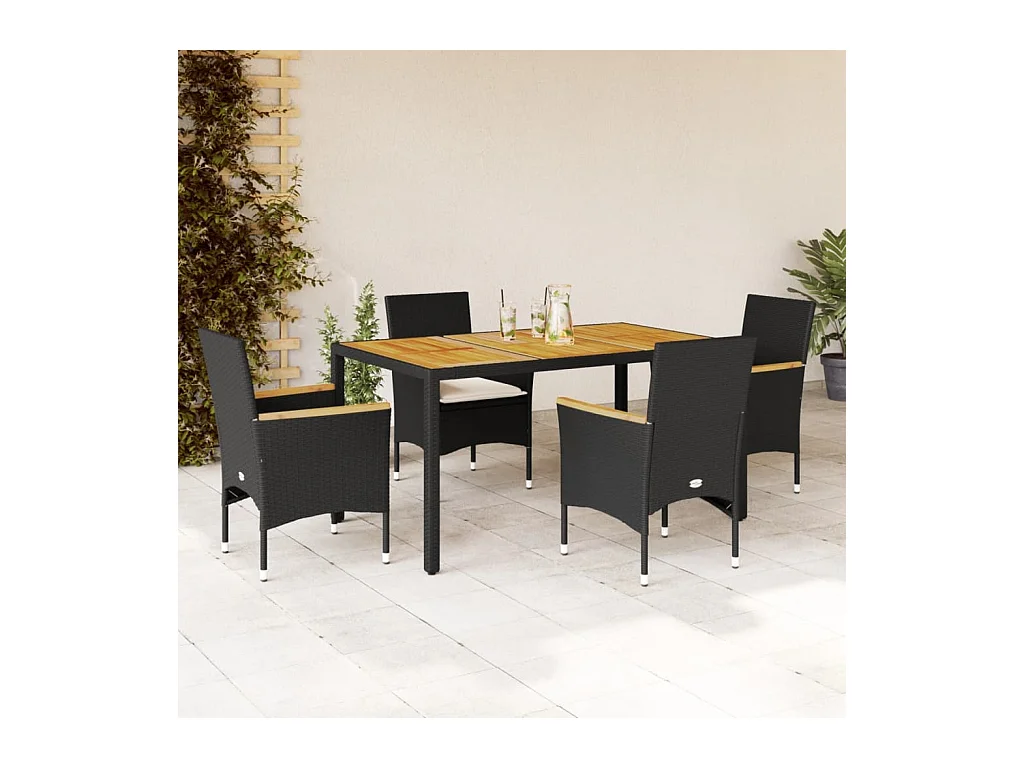 Ensemble à manger de jardin et coussins 5 pcs noir rotin acacia