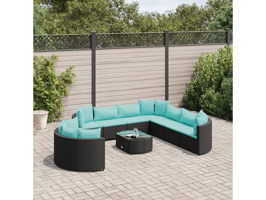 Salon de jardin 10 pcs avec coussins noir résine tressée