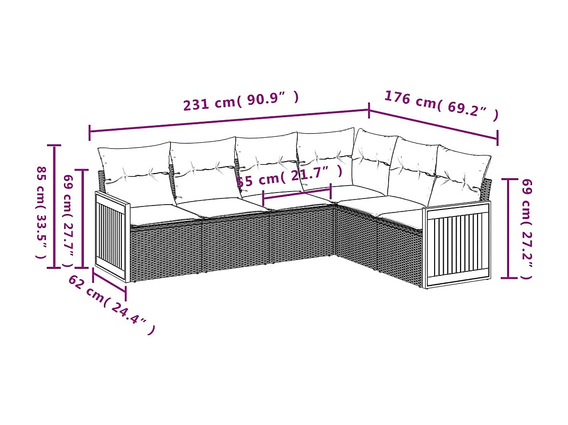 Set Divano da Giardino 6 pz con Cuscini Nero in Polyrattan